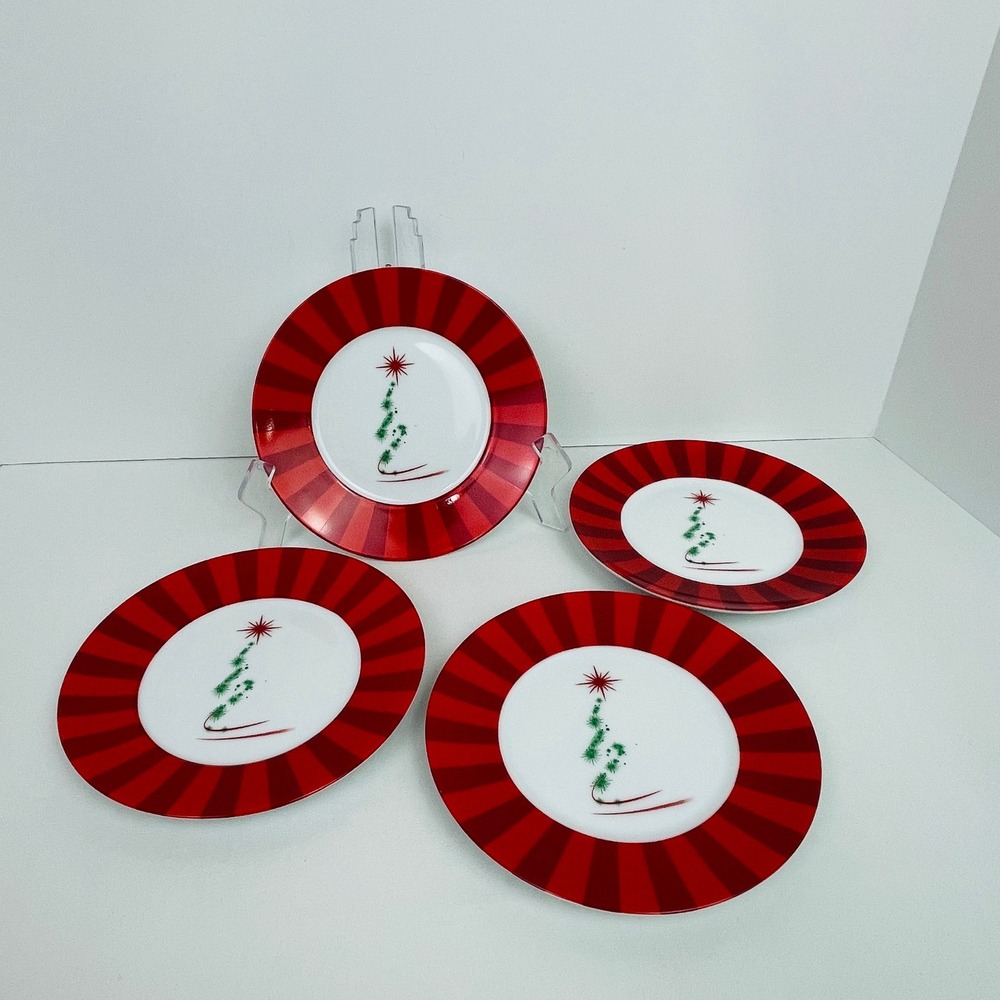 CIB Dessert Plates Set of 4 Red White Christmas Tree Striped 6in Holiday Plate